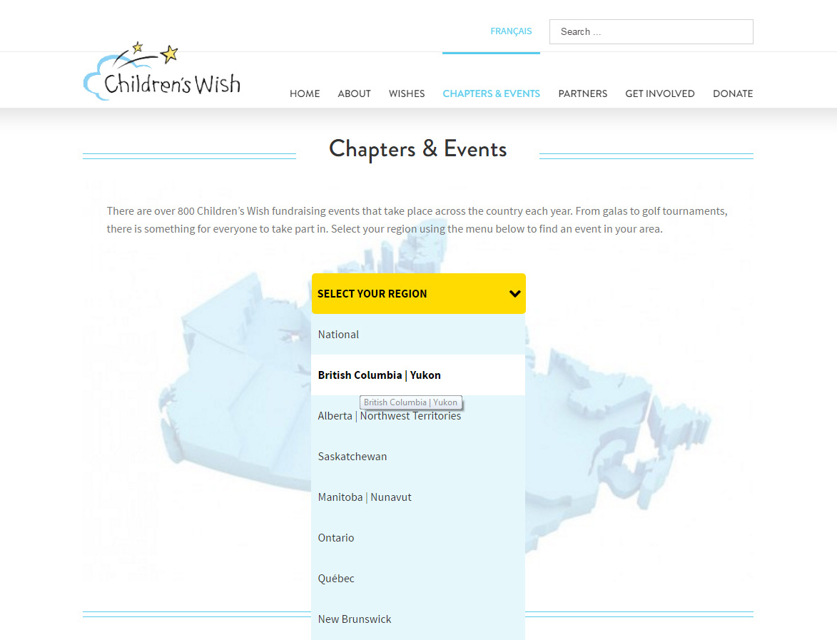 Children's Wish website, Chapters & Events, Avada theme, Wordpress, Stephen Thomas